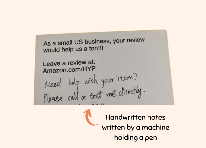 Example of handwritten notes written by machine asking for reviews